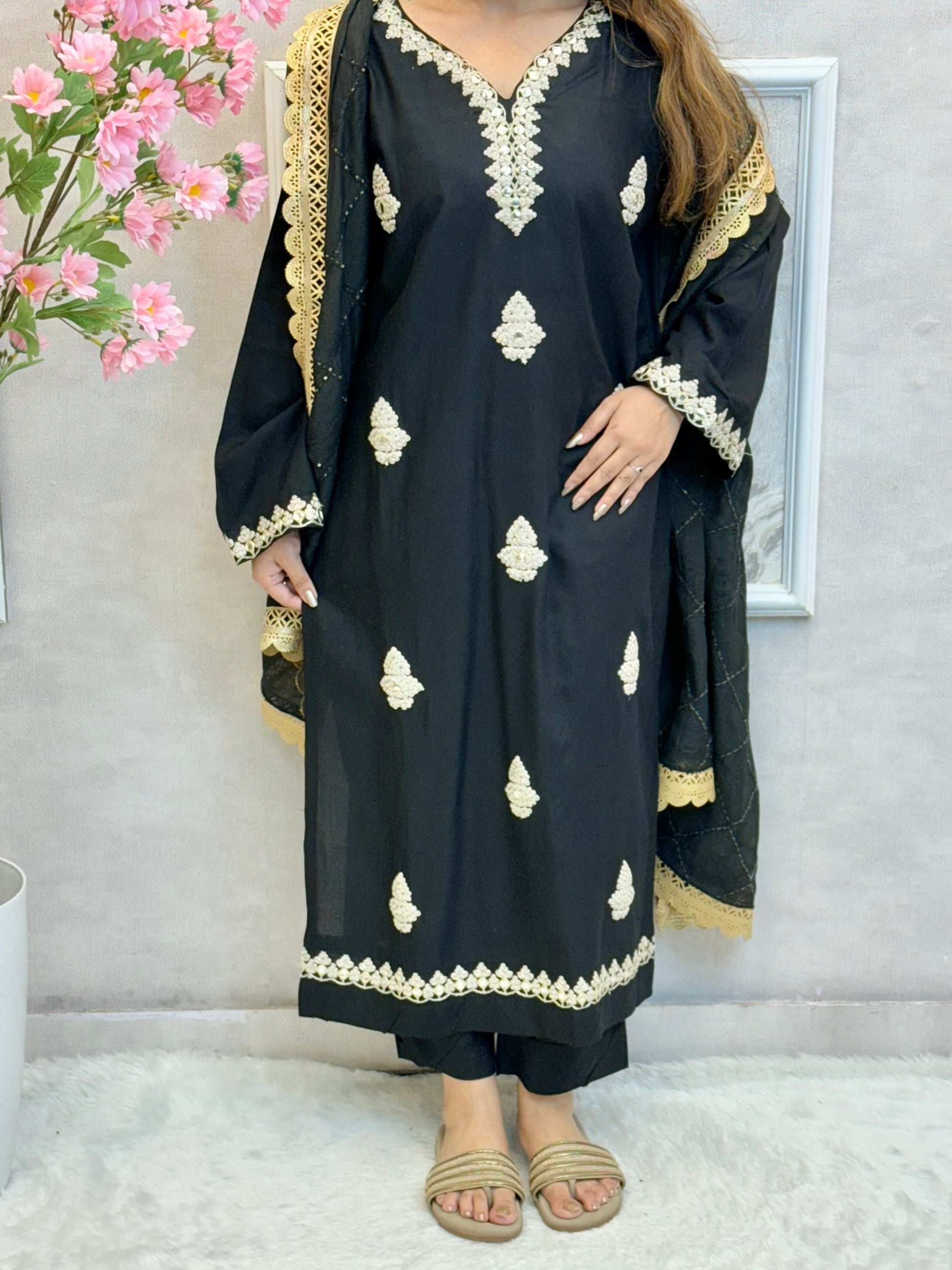 Black rayon kurta set with gold zari embroidery and chanderi dupatta – designer festive wear