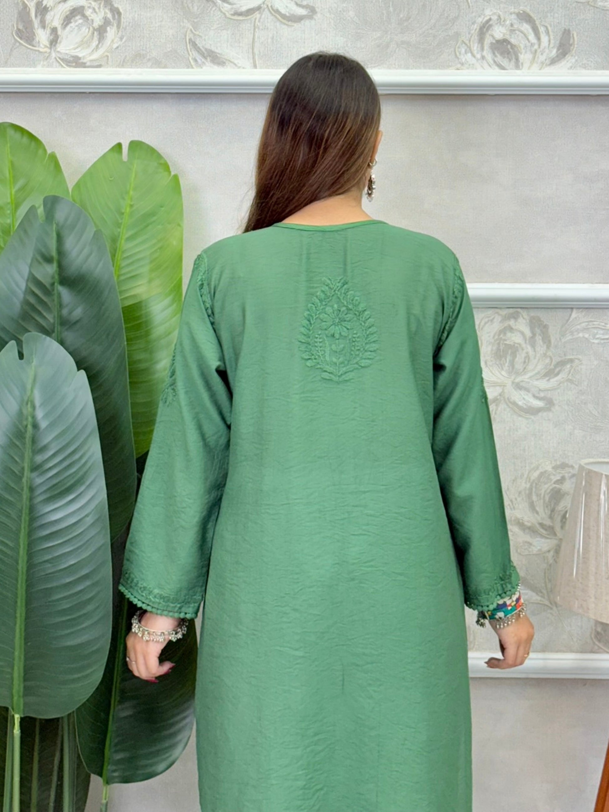 Emerald green Chanderi Chikankari Angrakha-style kurta with hand embroidery – ethnic wear for women