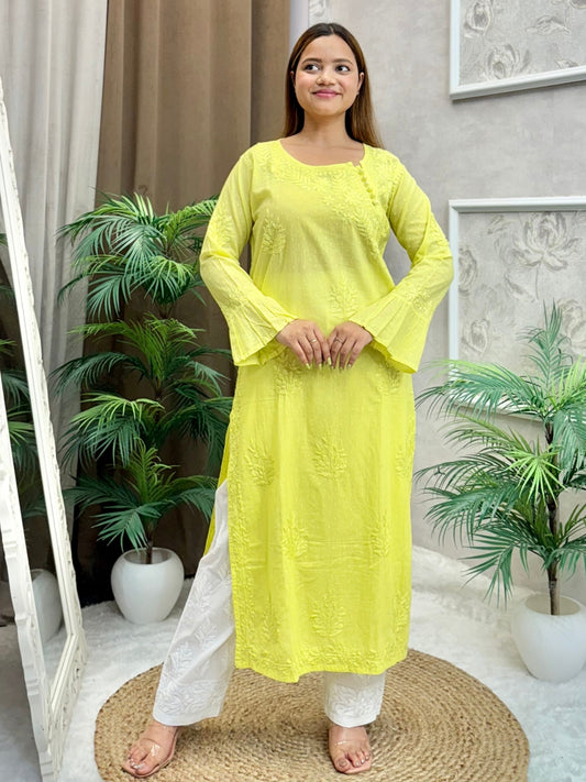 Yellow Chikankari dobby cotton kurta with hand embroidery and bell sleeves