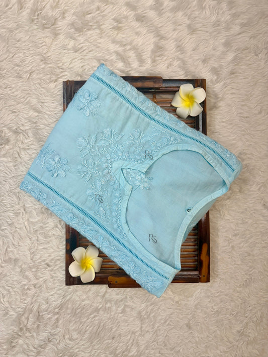 Sky blue Lucknow chikankari cotton short kurta with hand embroidery and side pockets