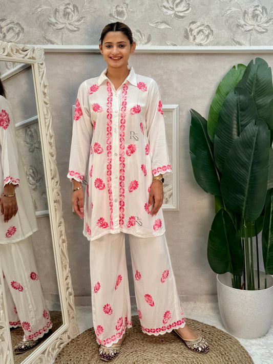 White rayon Lucknow Chikankari kurta and palazzo set with pink thread hand embroidery
