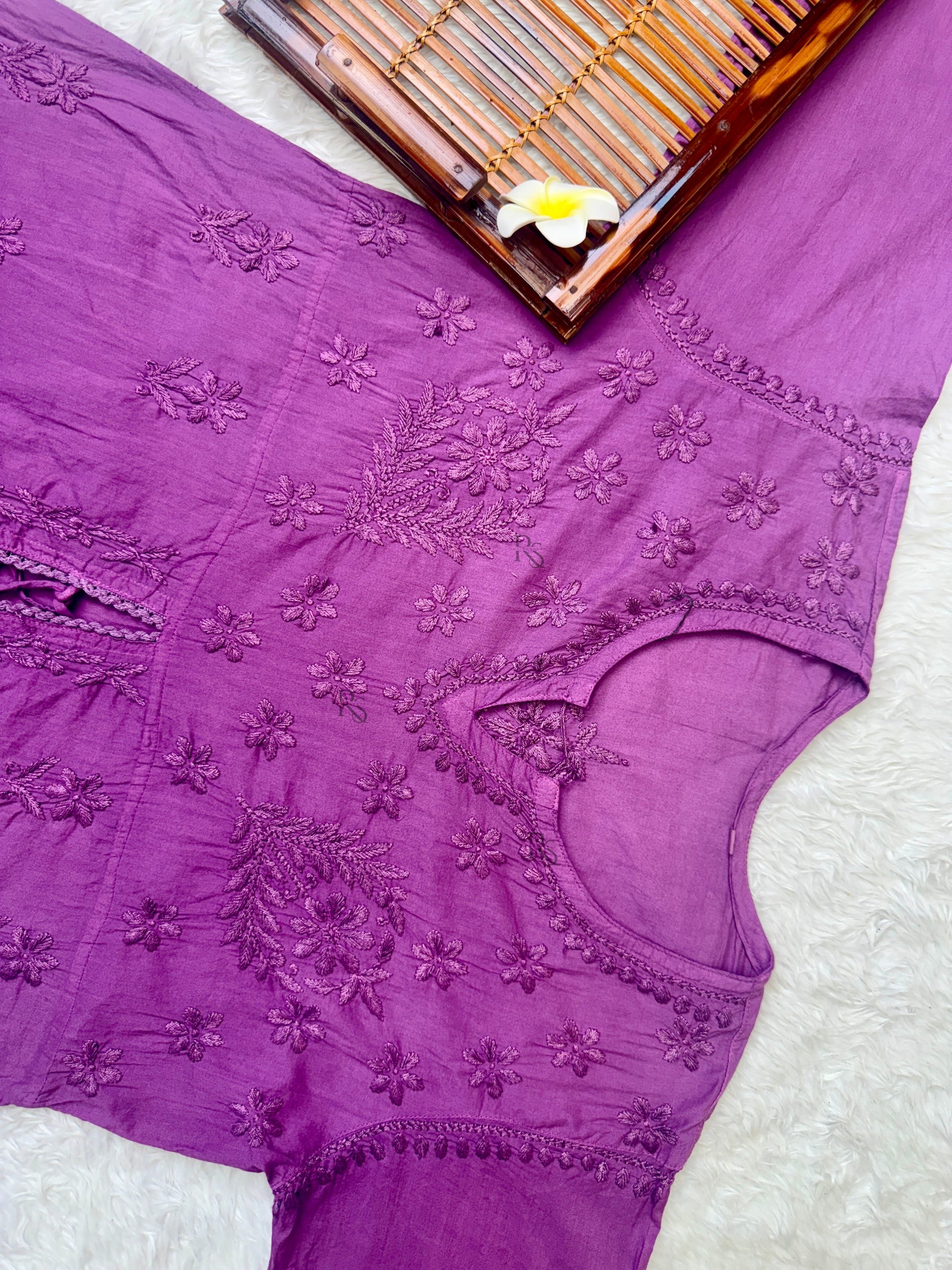 Purple cotton A-line chikankari kurta with hand embroidery, Lucknowi ethnic wear