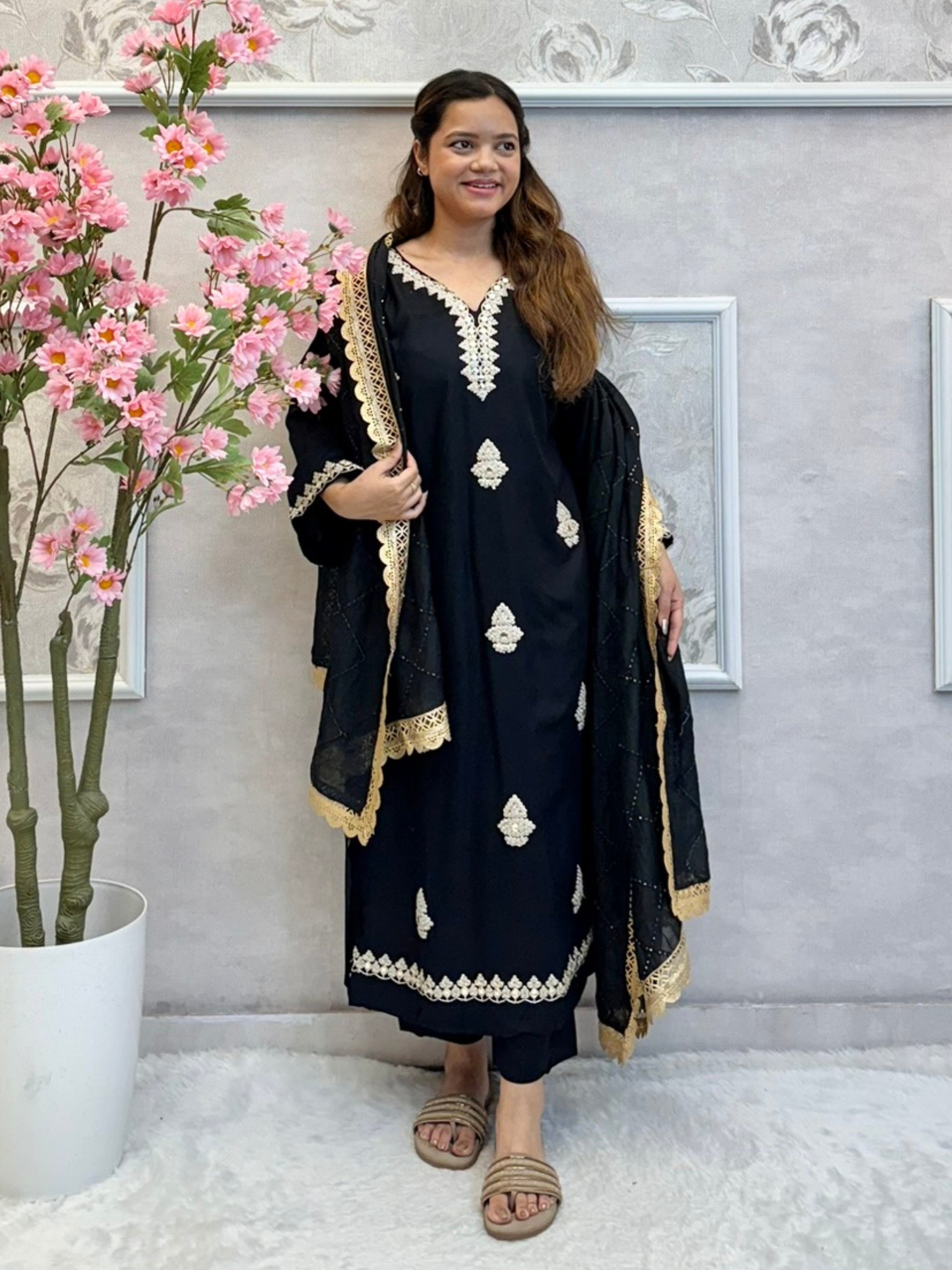 Black rayon kurta set with gold zari embroidery and chanderi dupatta – designer festive wear