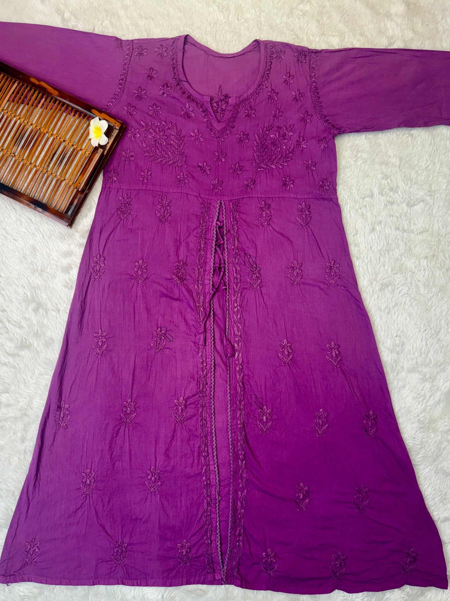 Purple cotton A-line chikankari kurta with hand embroidery, Lucknowi ethnic wear