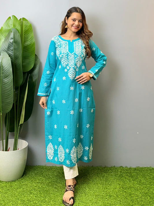 Turquoise blue cotton Lucknow Chikankari kurta with white hand embroidery