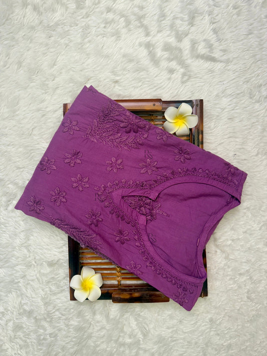 Purple cotton A-line chikankari kurta with hand embroidery, Lucknowi ethnic wear