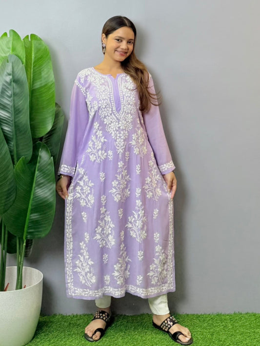 Lilac modal Lucknowi Chikankari kurta with white hand embroidery, soft and comfortable