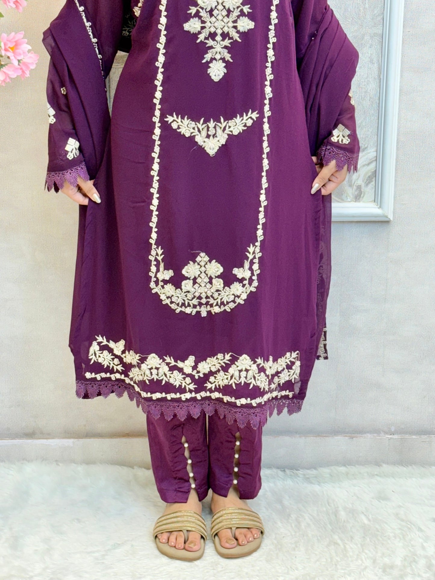 Deep plum georgette kurta set with hand embroidery, satin pant, and matching dupatta