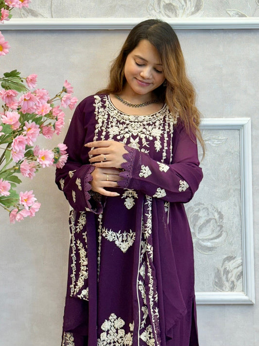 Deep plum georgette kurta set with hand embroidery, satin pant, and matching dupatta