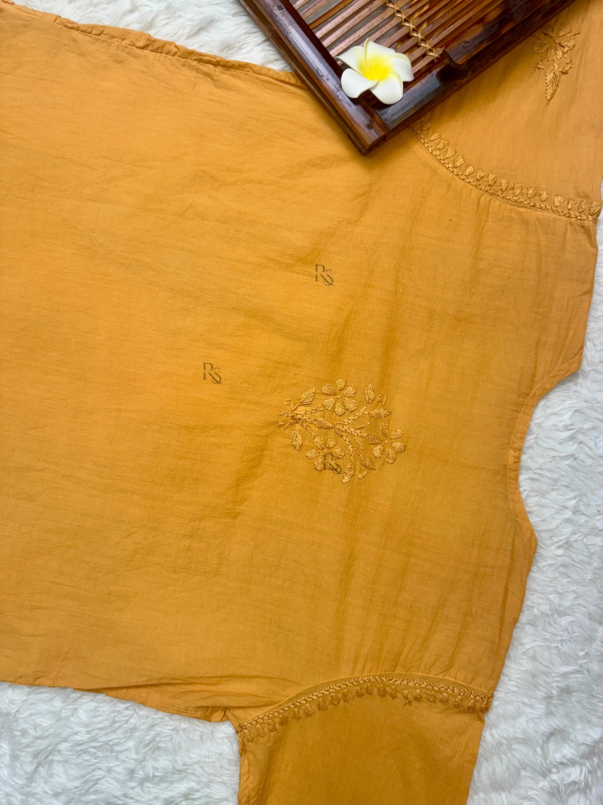 Mustard Lucknow chikankari cotton short kurta with hand embroidery and side pockets