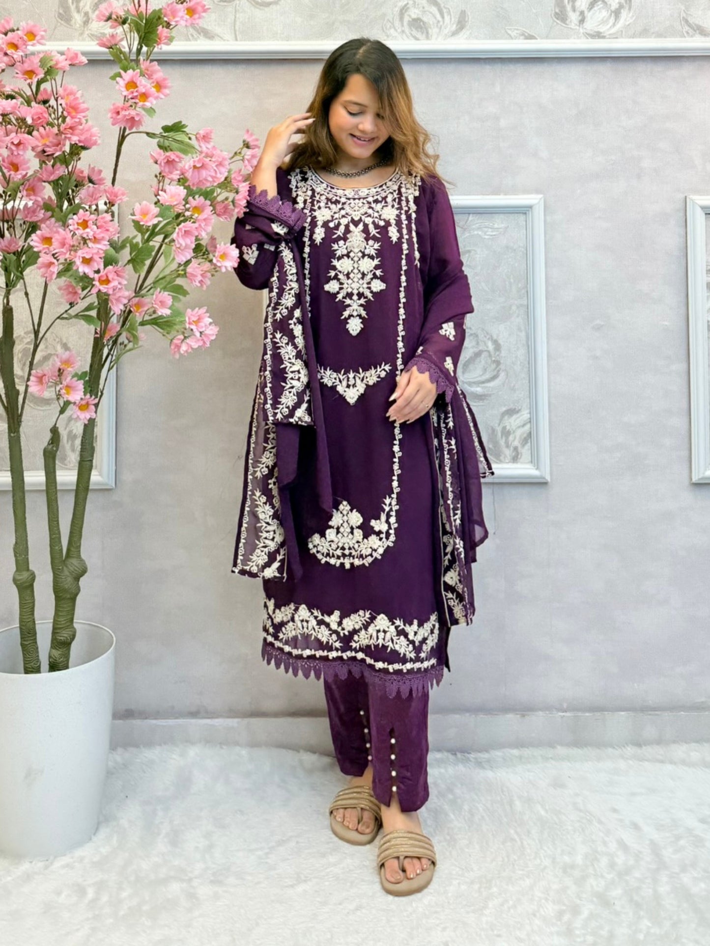 Deep plum georgette kurta set with hand embroidery, satin pant, and matching dupatta