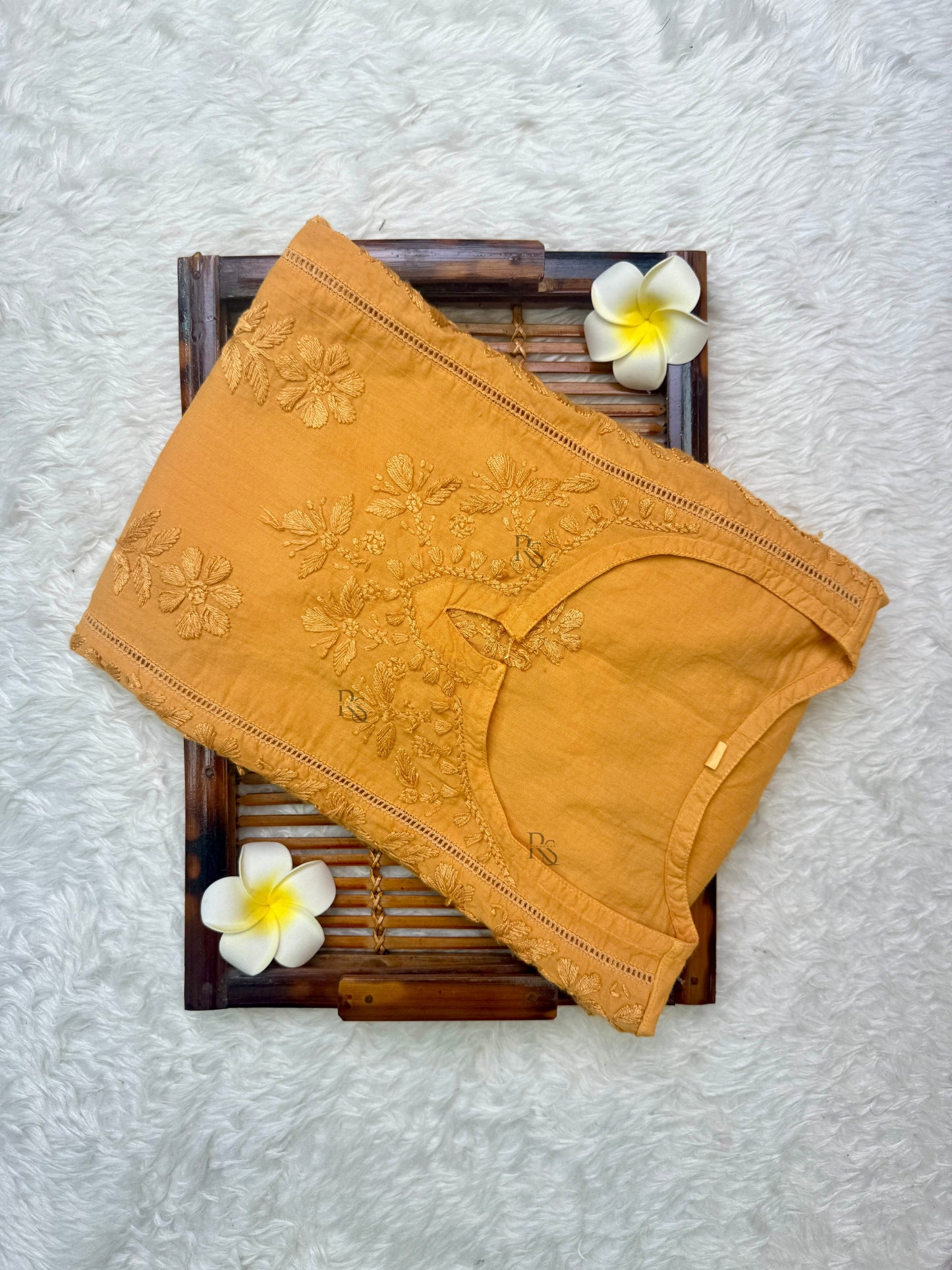 Mustard Lucknow chikankari cotton short kurta with hand embroidery and side pockets