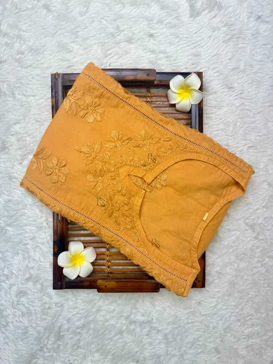 Mustard Lucknow chikankari cotton short kurta with hand embroidery and side pockets