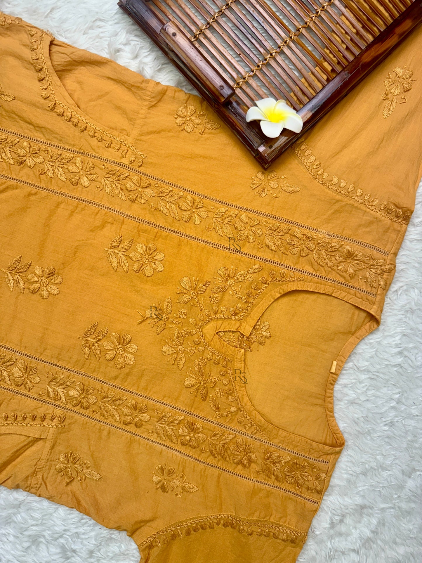Mustard Lucknow chikankari cotton short kurta with hand embroidery and side pockets