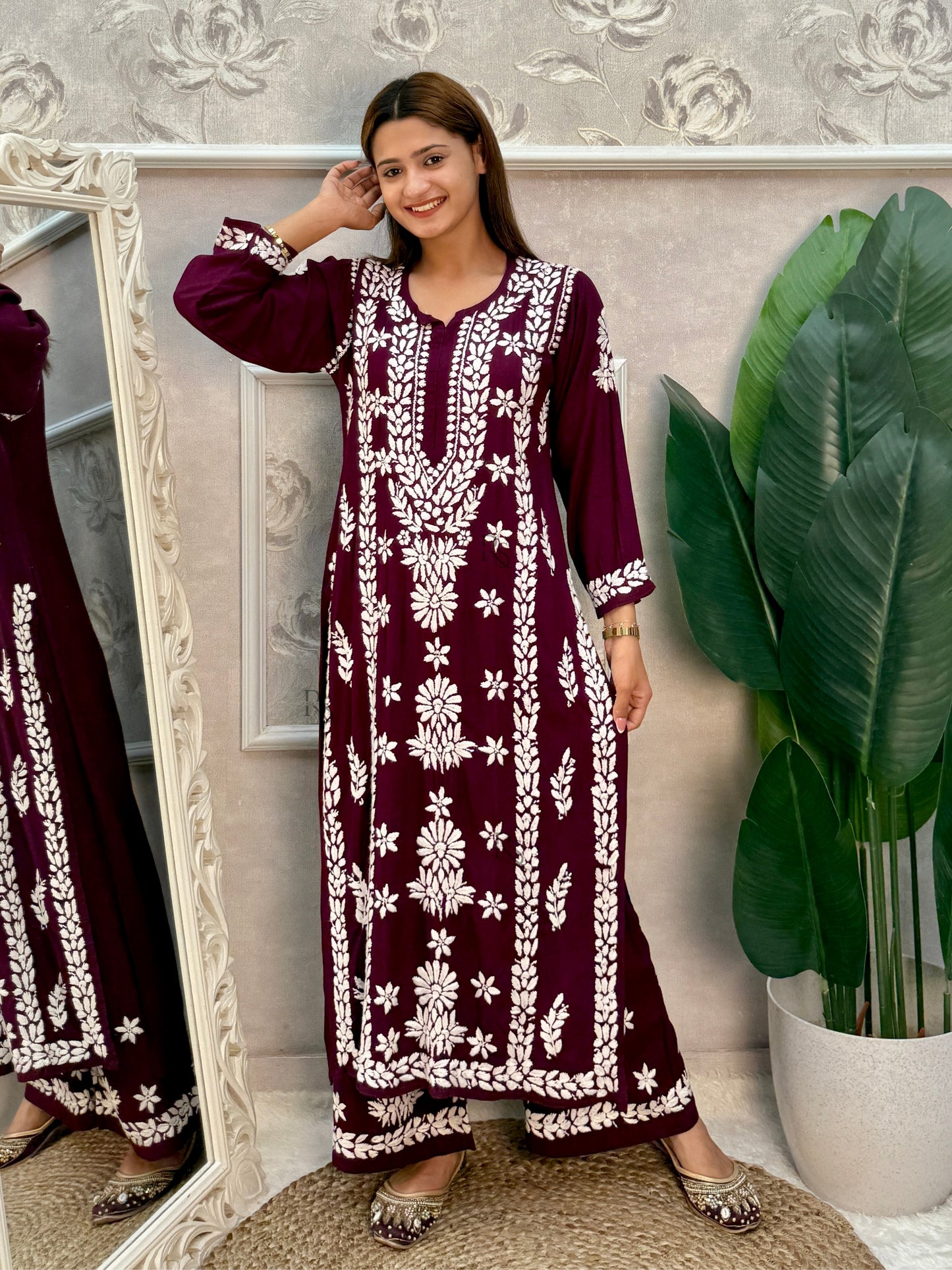 Lucknow chikankari wine rayon kurta and palazzo set with white hand embroidery