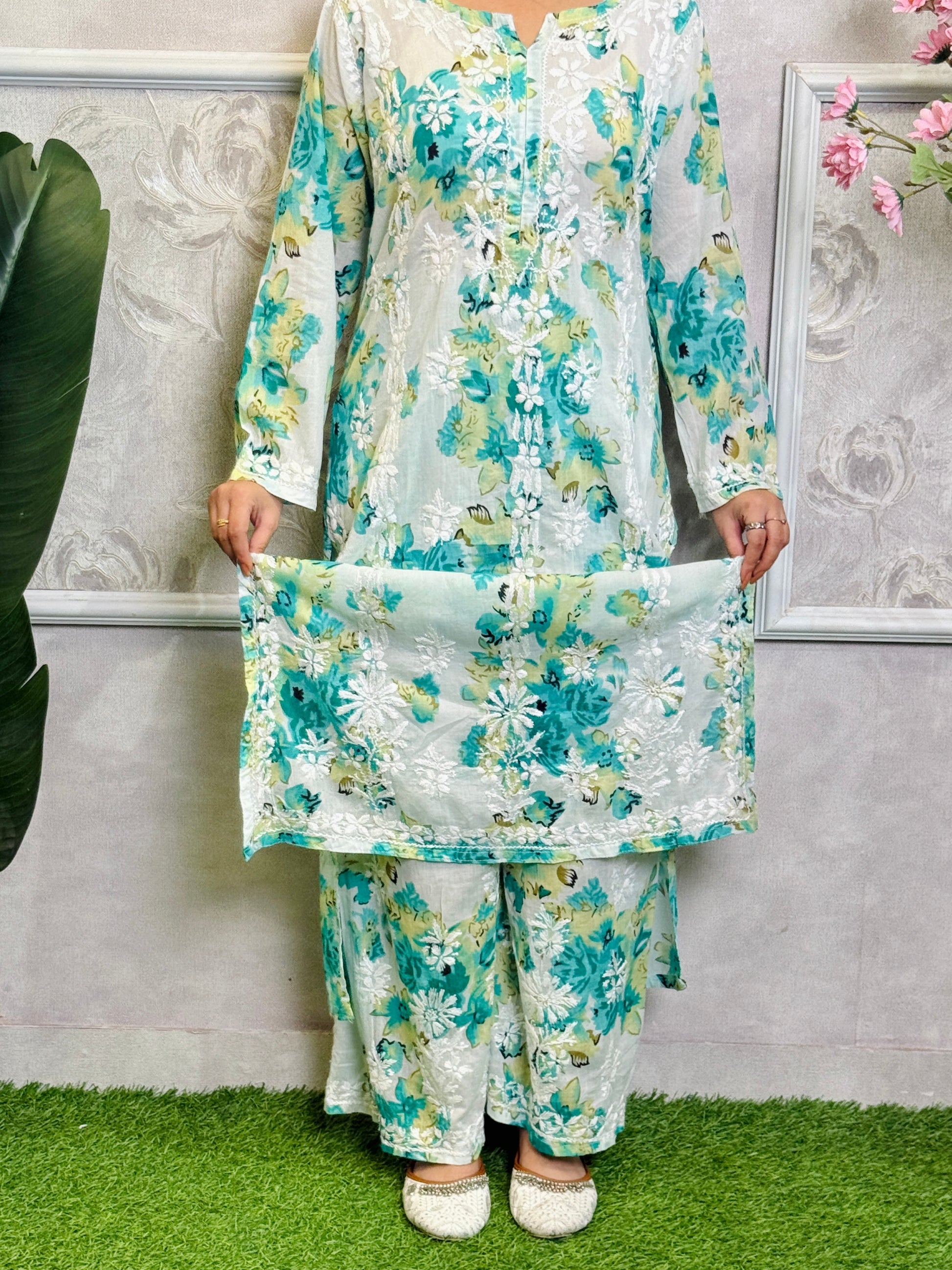 Lucknow Chikankari green floral printed mulmul kurta palazzo set with chiffon dupatta, hand embroidered and lightweight.
