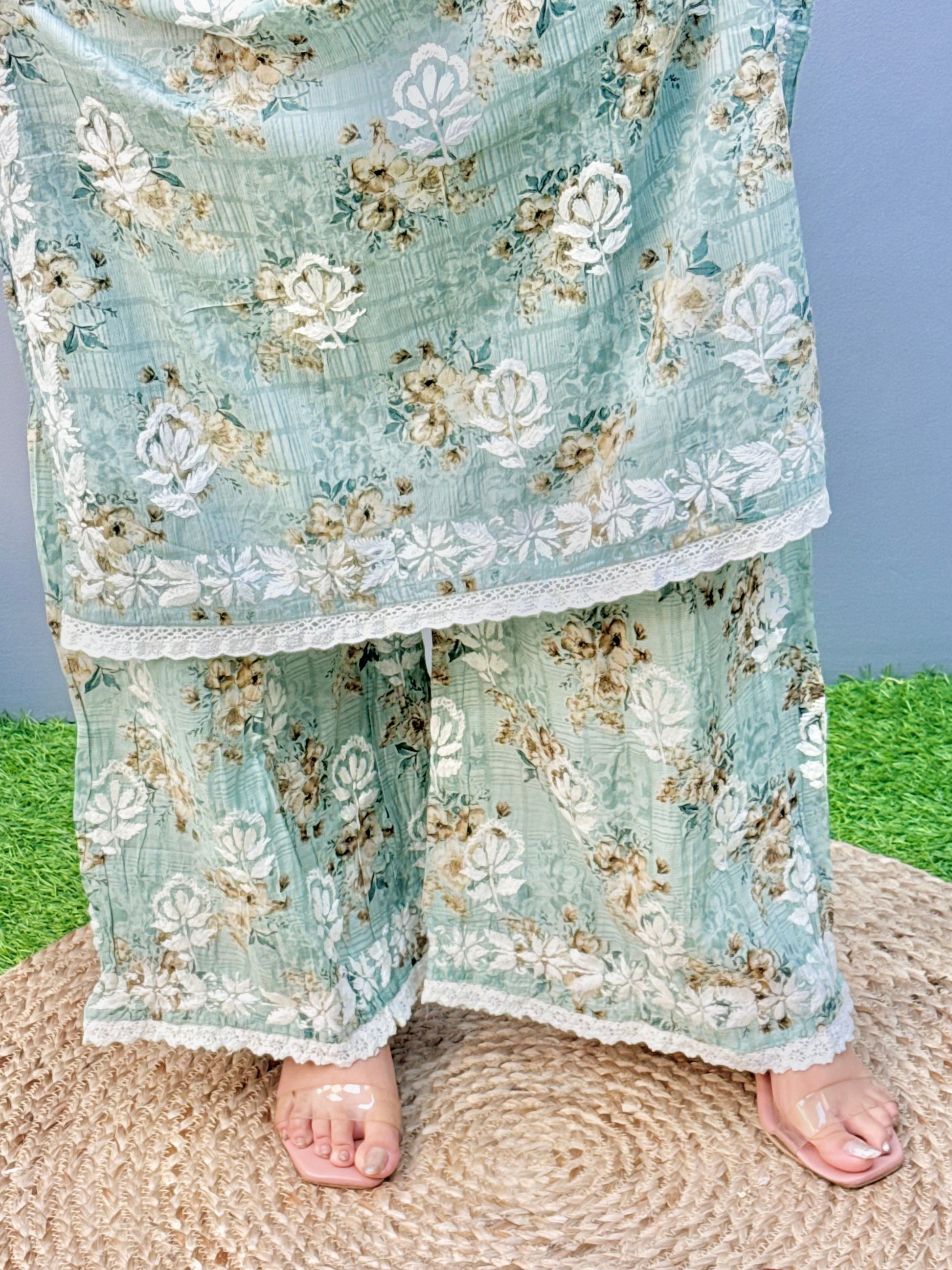 Mint green floral mulmul chikankari kurta and palazzo set with lace detailing