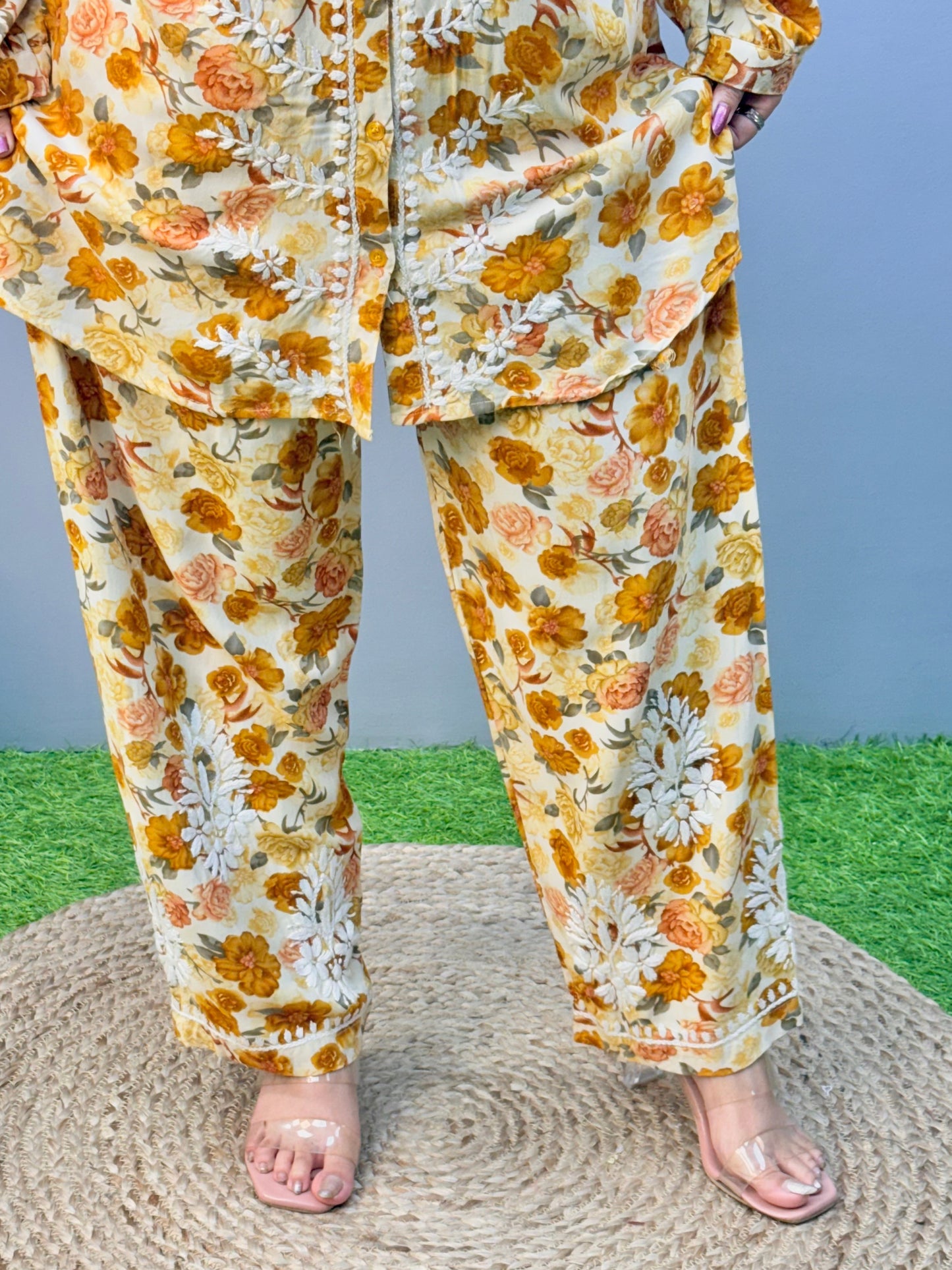Printed Mustard Rayon Chikankari Co-ord Set