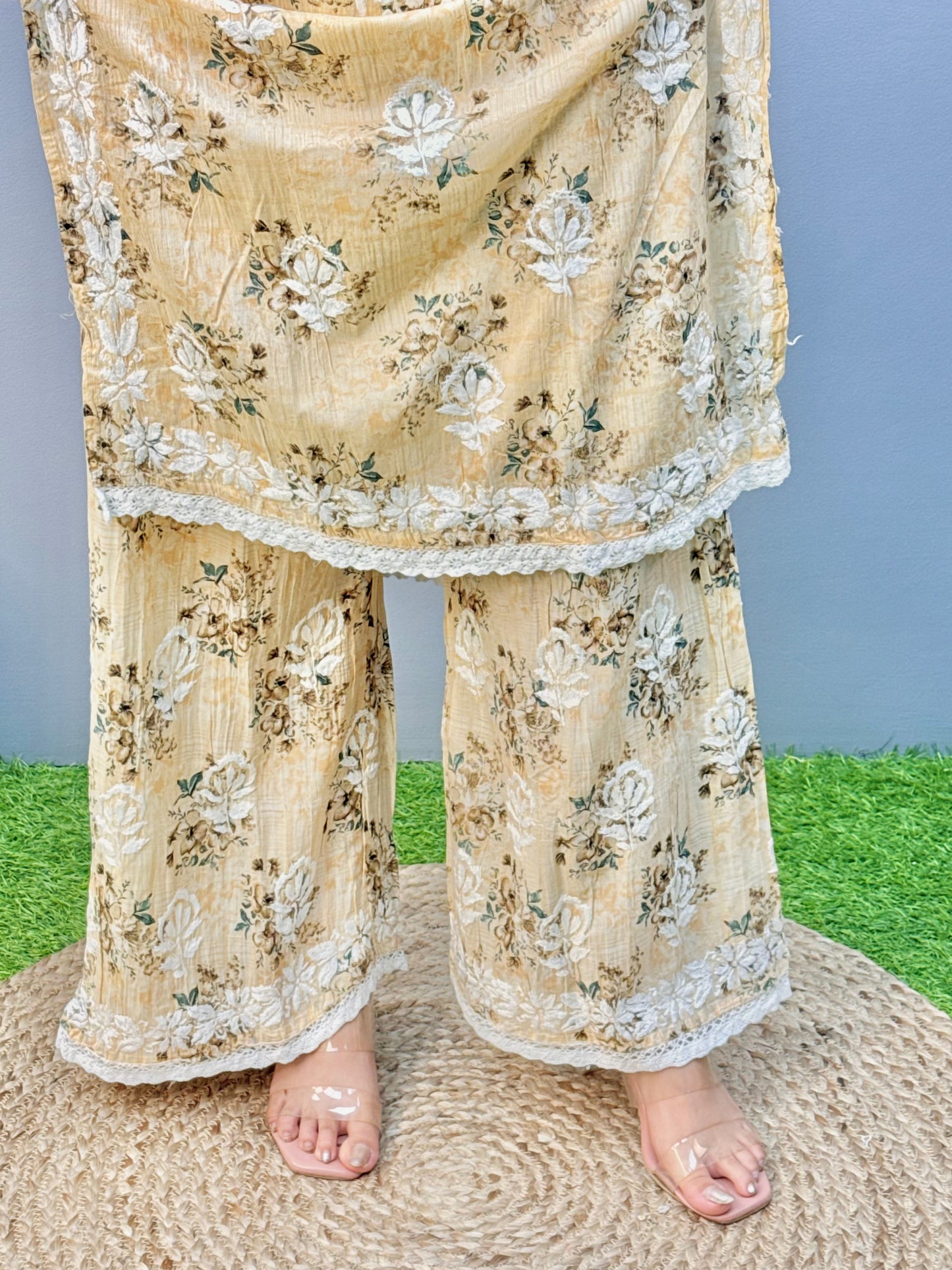 Beige floral mulmul chikankari kurta and palazzo set with lace detailing