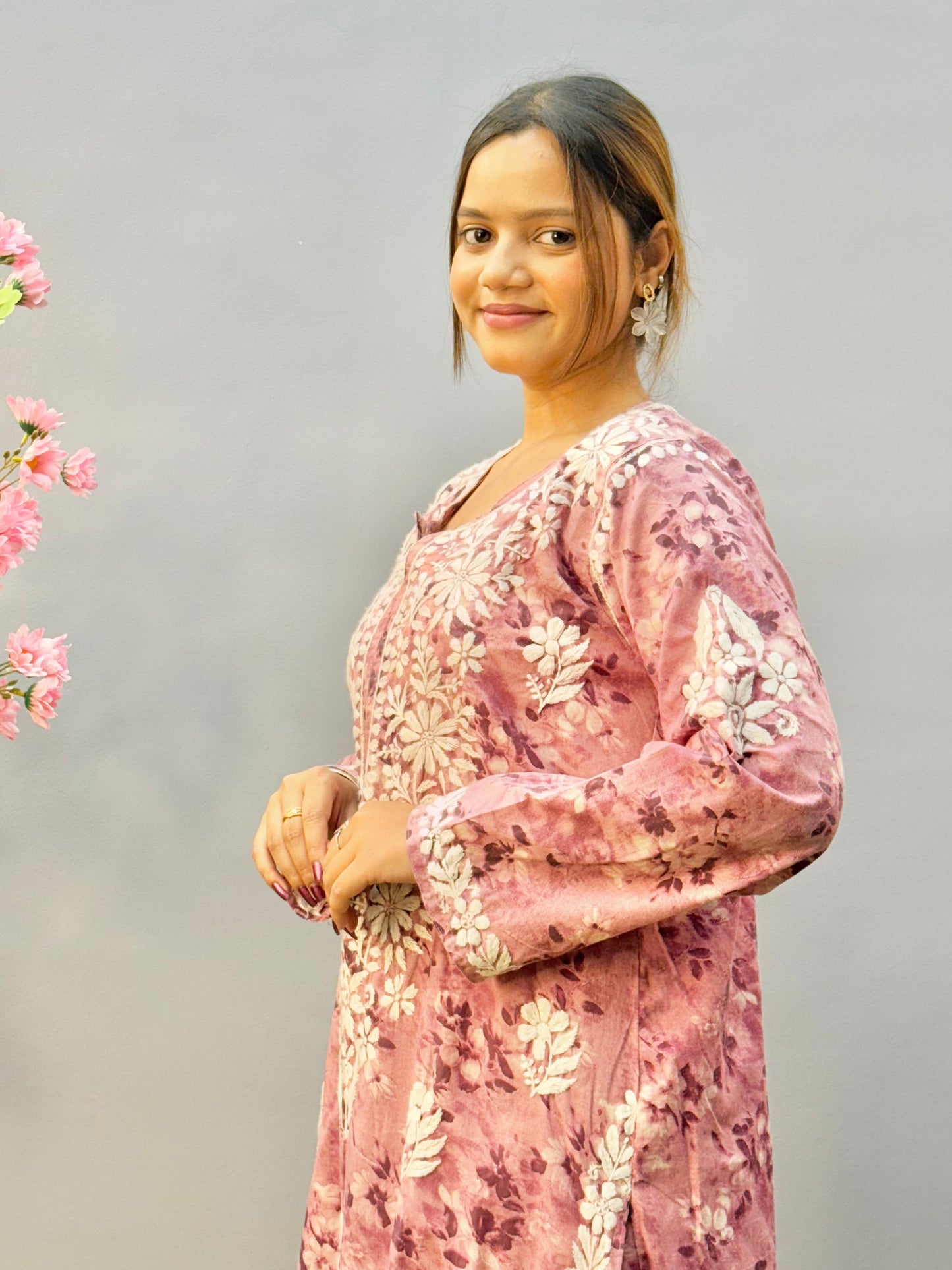 Rose mauve printed Lucknow chikankari kurta and palazzo set in soft mulmul fabric