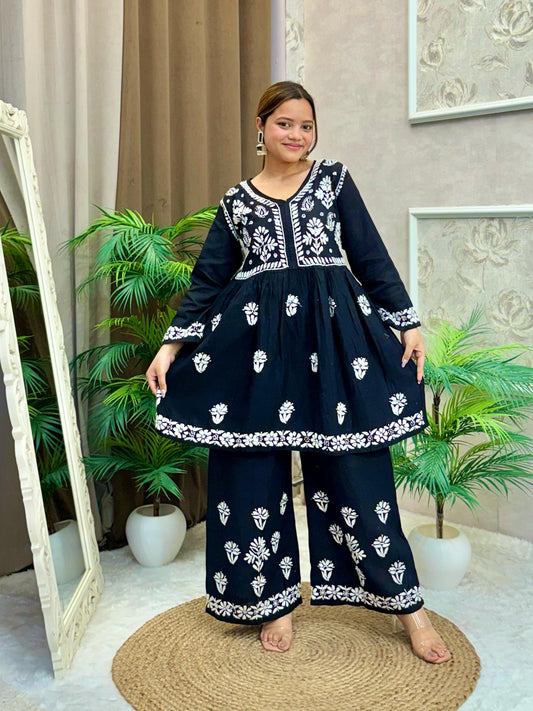 Black cotton Lucknow Chikankari kurta and palazzo set with white embroidery