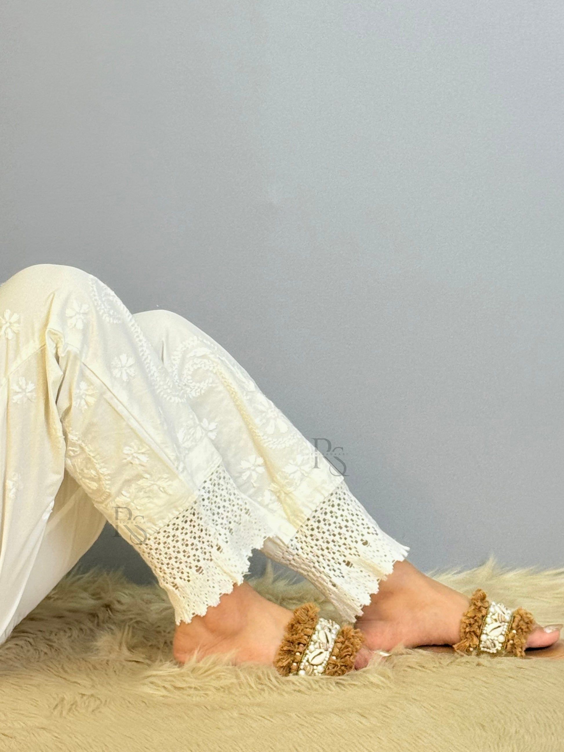 White cotton chikankari pant with lace hem and delicate hand embroidery