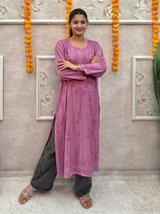 Mauve modal chikankari kurta with hand embroidery, premium quality and soft fabric