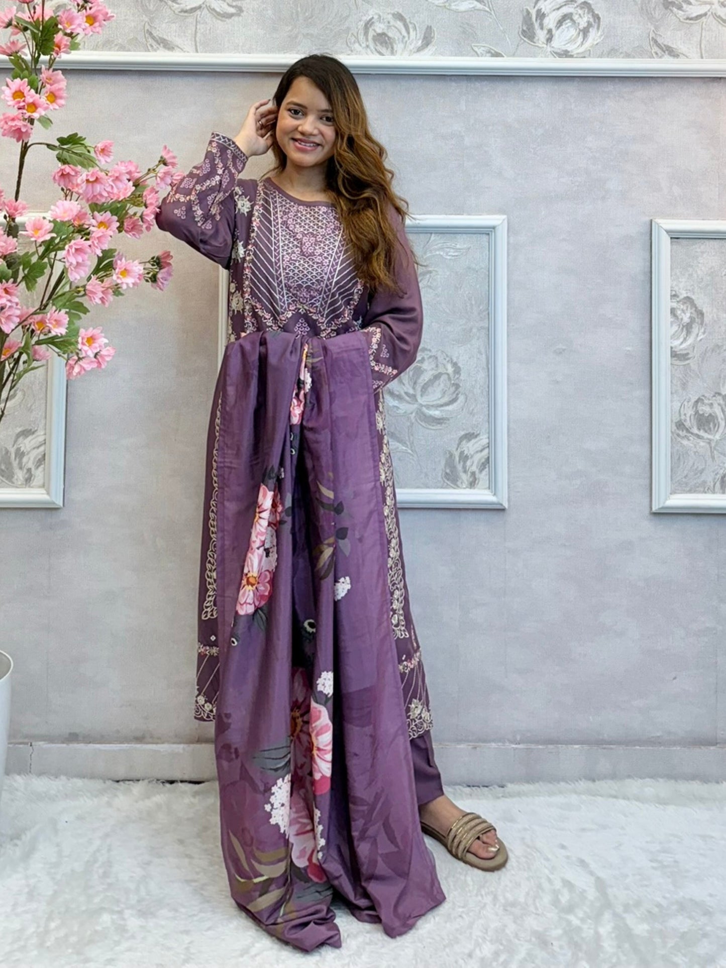 Mauve rayon designer kurta set with floral printed dupatta – elegant festive wear