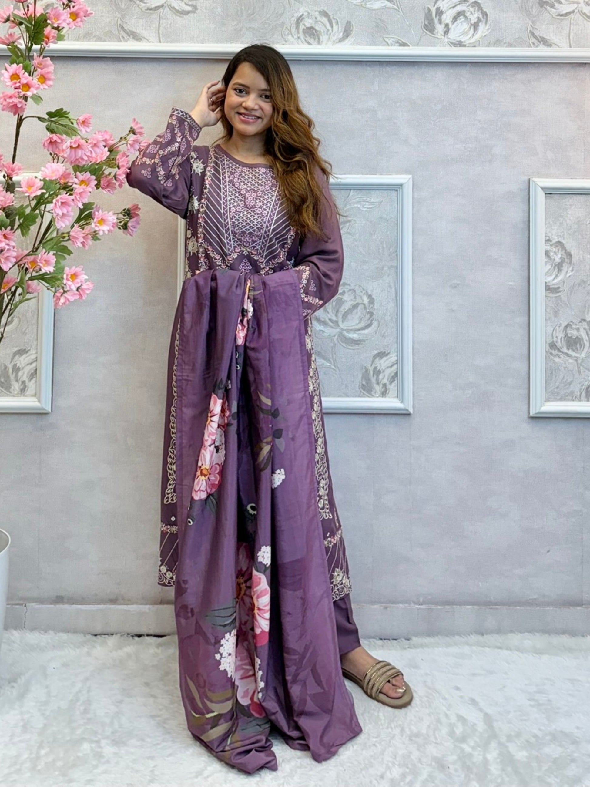 Mauve rayon designer kurta set with floral printed dupatta – elegant festive wear
