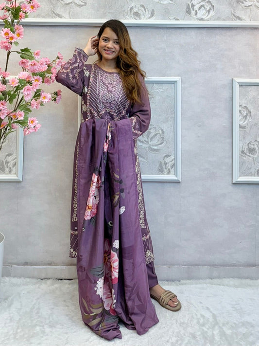 Mauve rayon designer kurta set with floral printed dupatta – elegant festive wear