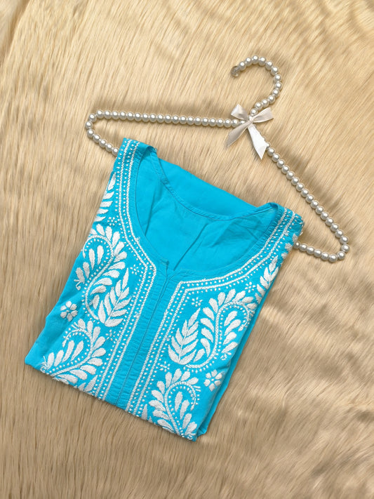 Turquoise blue cotton kurta with white Chikankari hand embroidery featuring paisley design, displayed with pearl hanger