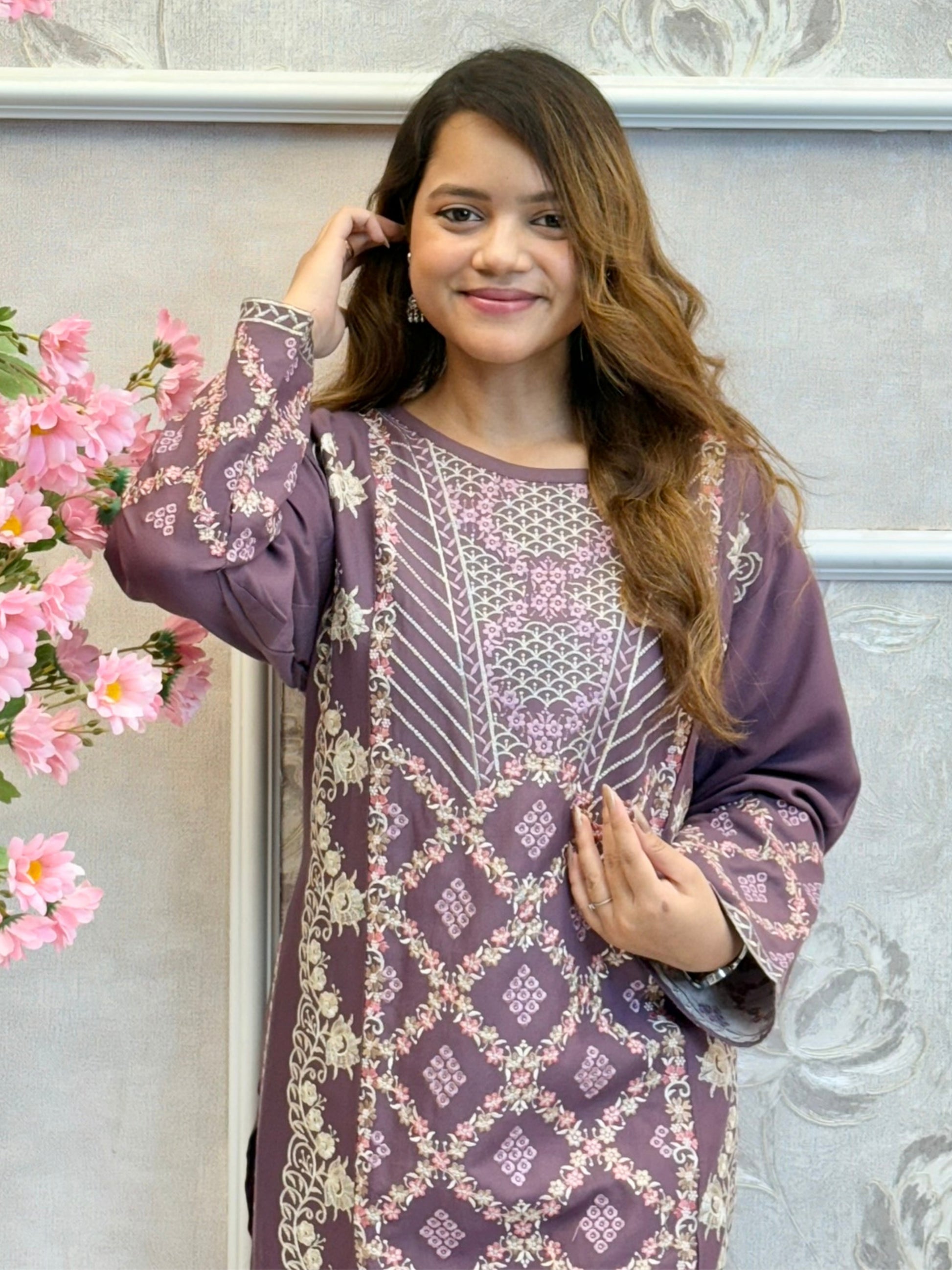Mauve rayon designer kurta set with floral printed dupatta – elegant festive wear