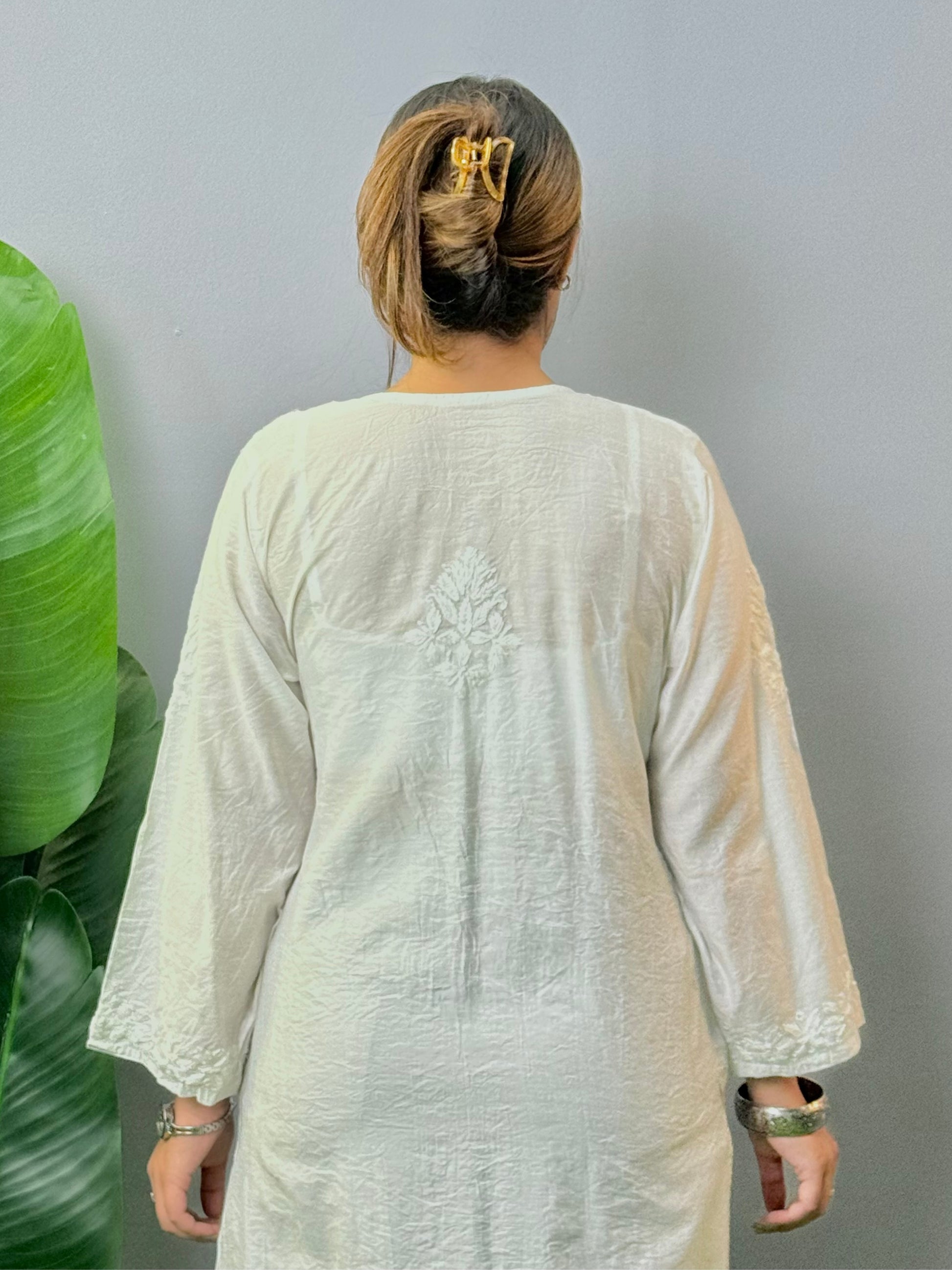 White Chanderi Lucknow Chikankari hand-embroidered kurta, soft & comfortable, dyable fabric