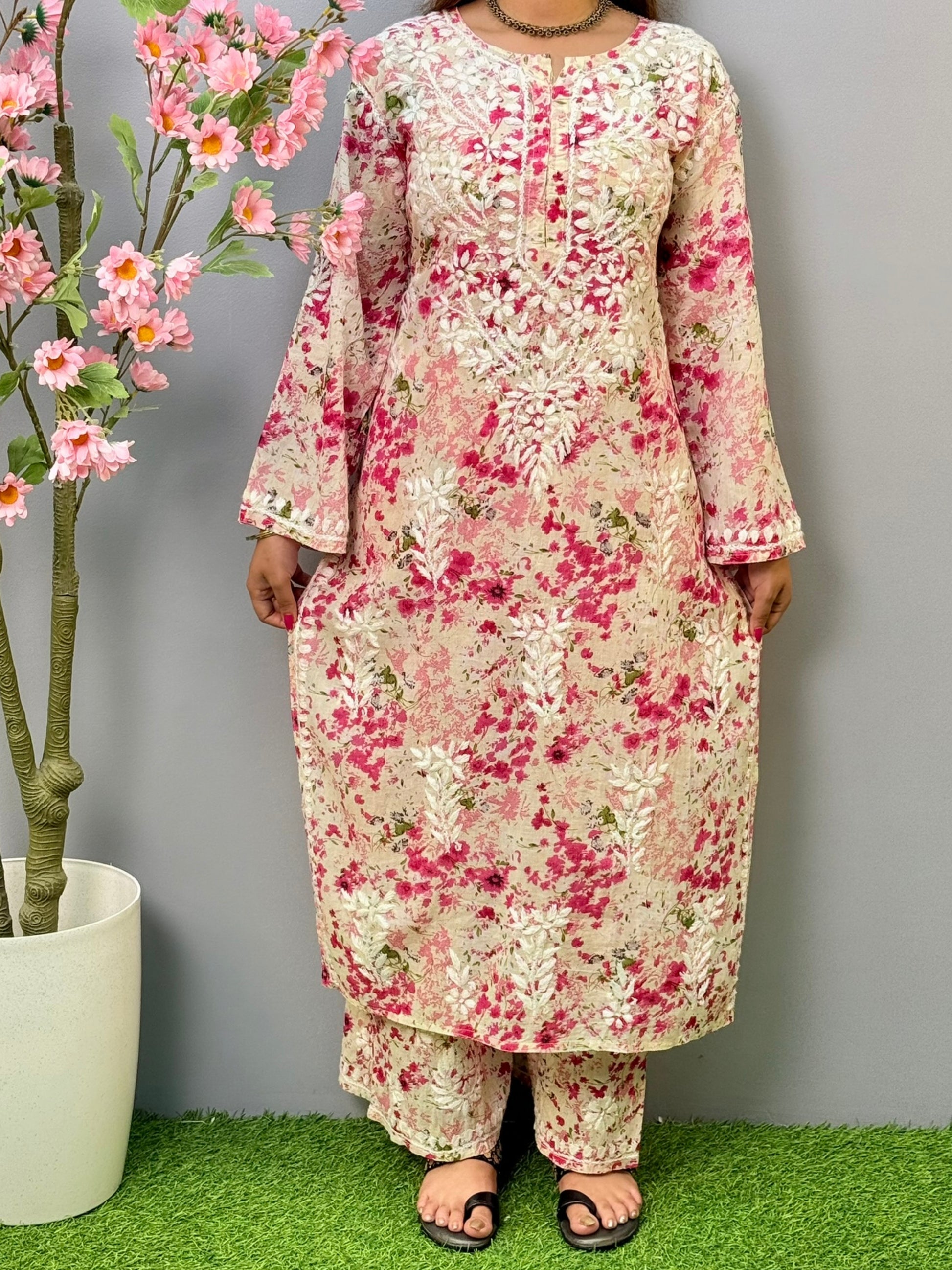 Pink floral printed Chikankari kurta and palazzo set in mulmul cotton with hand embroidery – ethnic women’s wear