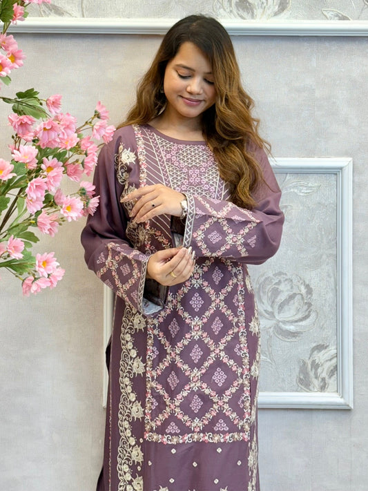 Mauve rayon designer kurta set with floral printed dupatta – elegant festive wear