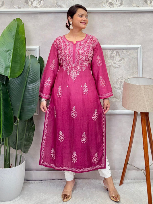 Wine Pink Chanderi Lucknow Chikankari Kurta with Bakhiya Embroidery – R S Chikankari