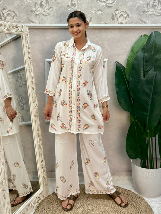 White rayon Lucknow Chikankari kurta and palazzo set with multi-color thread hand embroidery