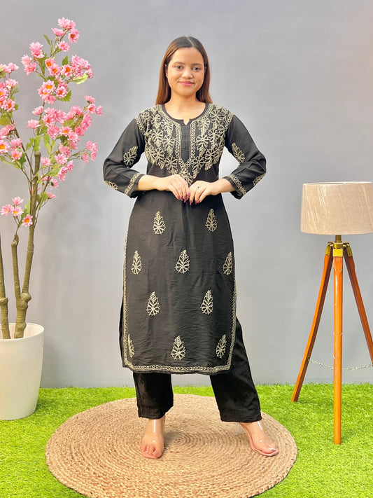 Black chanderi Lucknowi chikankari kurta and pant set with bakhiya embroidery