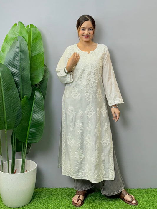 White Chanderi Lucknow Chikankari hand-embroidered kurta, soft & comfortable, dyable fabric