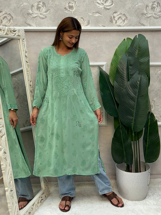 Mint green Lucknow Chikankari kurta in viscose fabric with bakhiya hand embroidery.