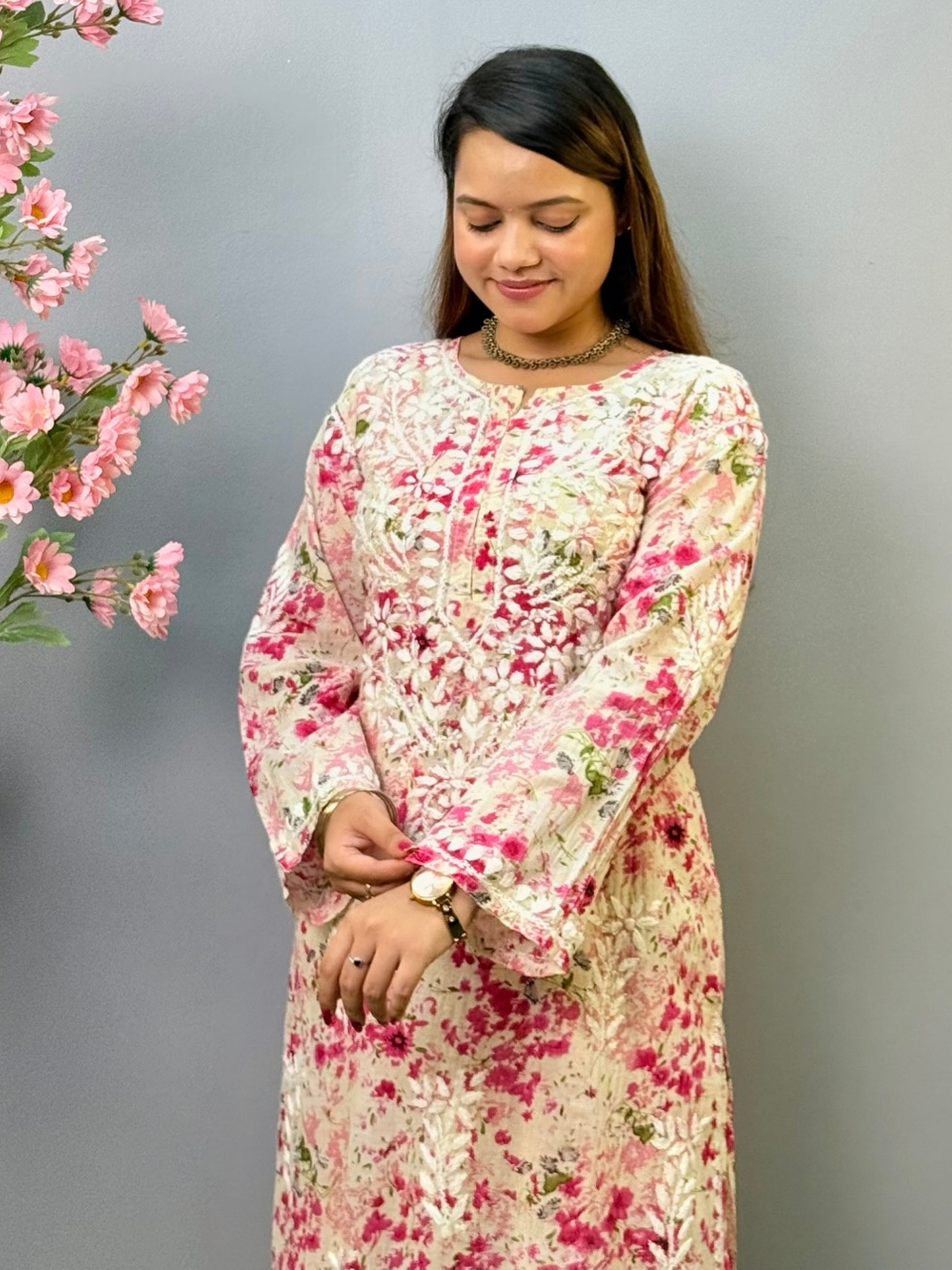 Pink floral printed Chikankari kurta and palazzo set in mulmul cotton with hand embroidery – ethnic women’s wear