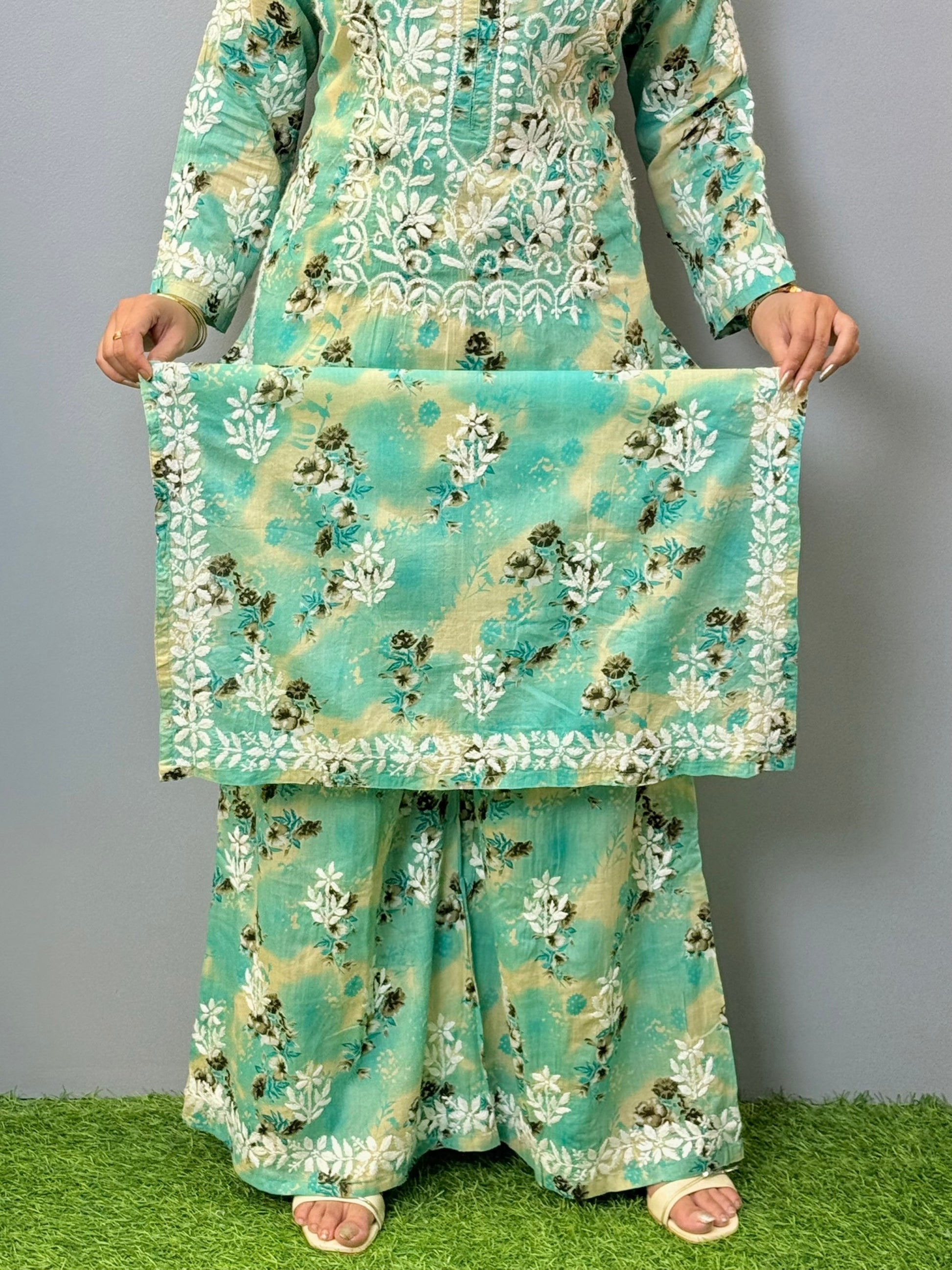Aqua green printed mulmul chikankari kurta palazzo set with hand embroidery