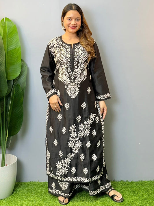 Black Lucknow chikankari chanderi kurta and palazzo set with white hand embroidery