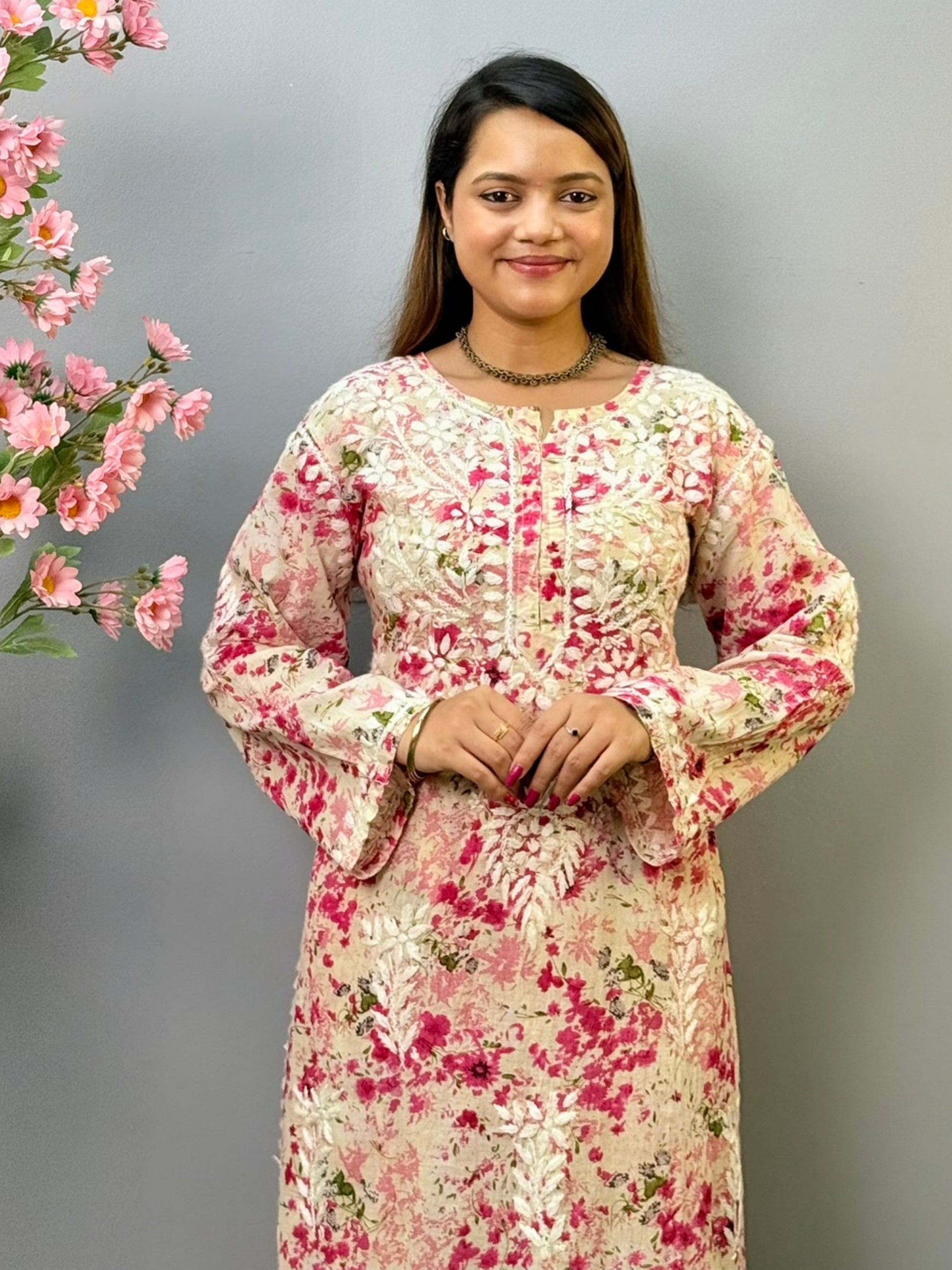 Pink floral printed Chikankari kurta and palazzo set in mulmul cotton with hand embroidery – ethnic women’s wear