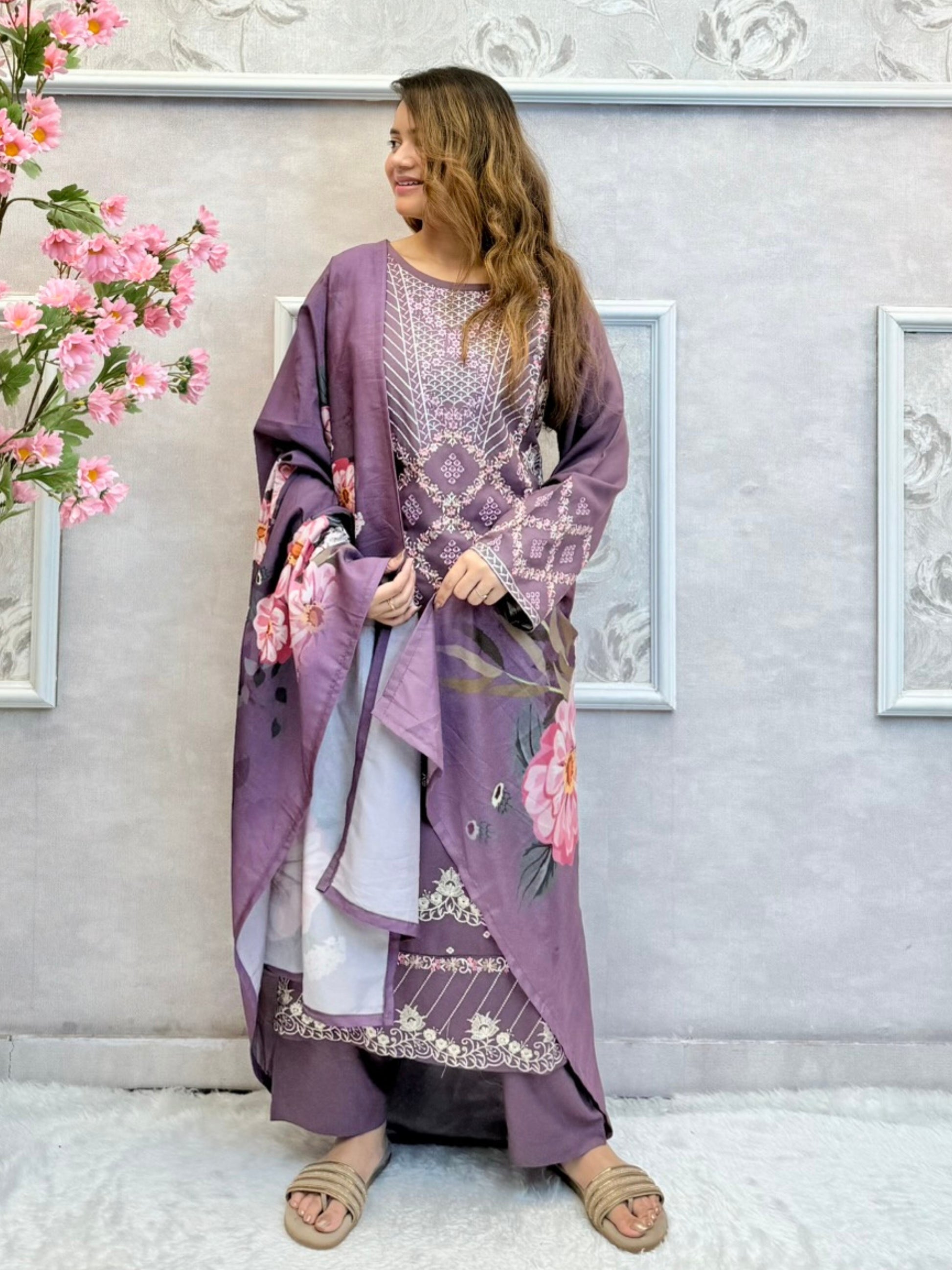 Mauve rayon designer kurta set with floral printed dupatta – elegant festive wear