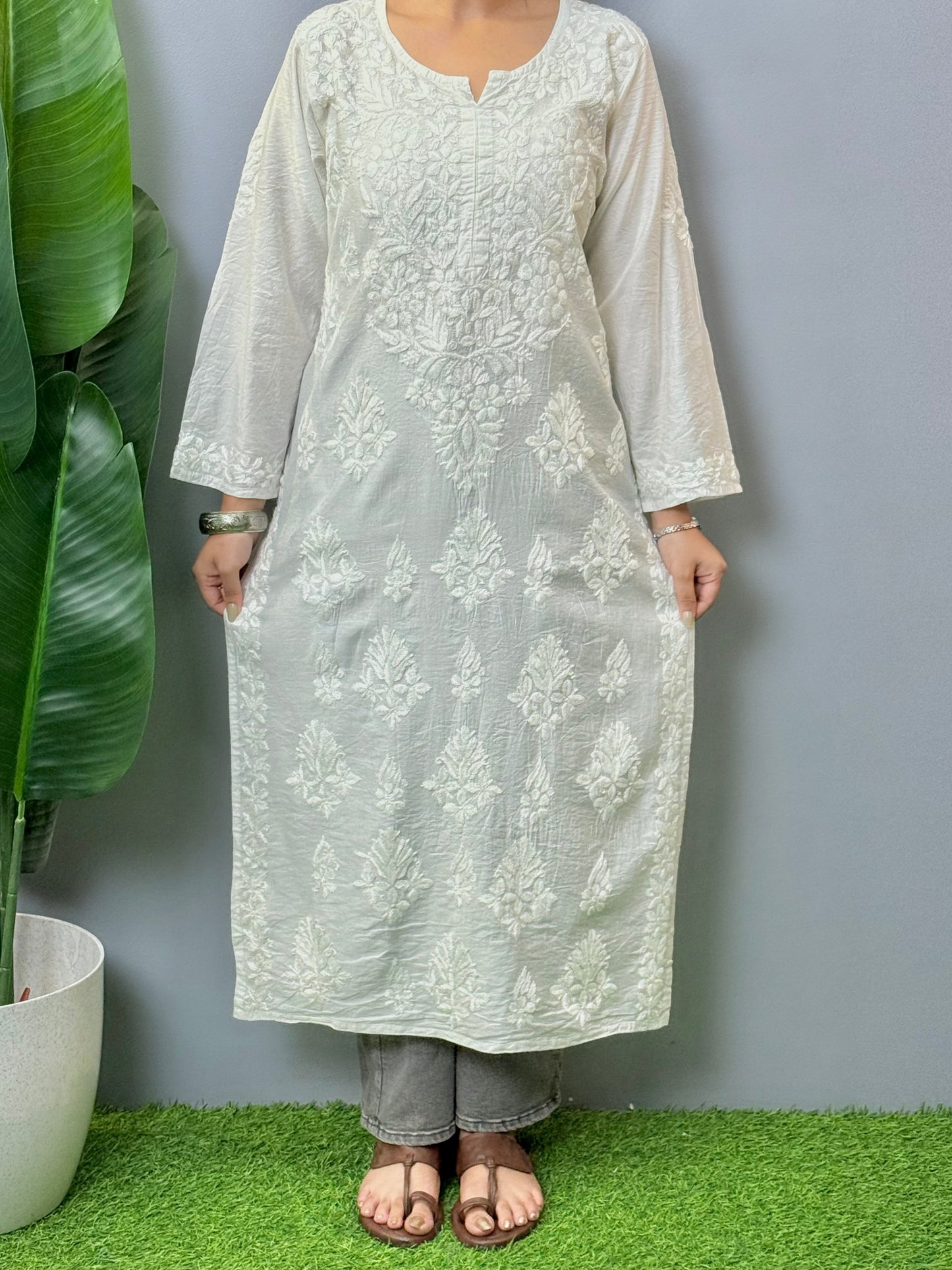 White Chanderi Lucknow Chikankari hand-embroidered kurta, soft & comfortable, dyable fabric