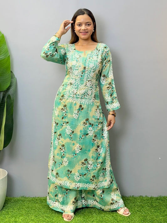 Aqua green printed mulmul chikankari kurta palazzo set with hand embroidery