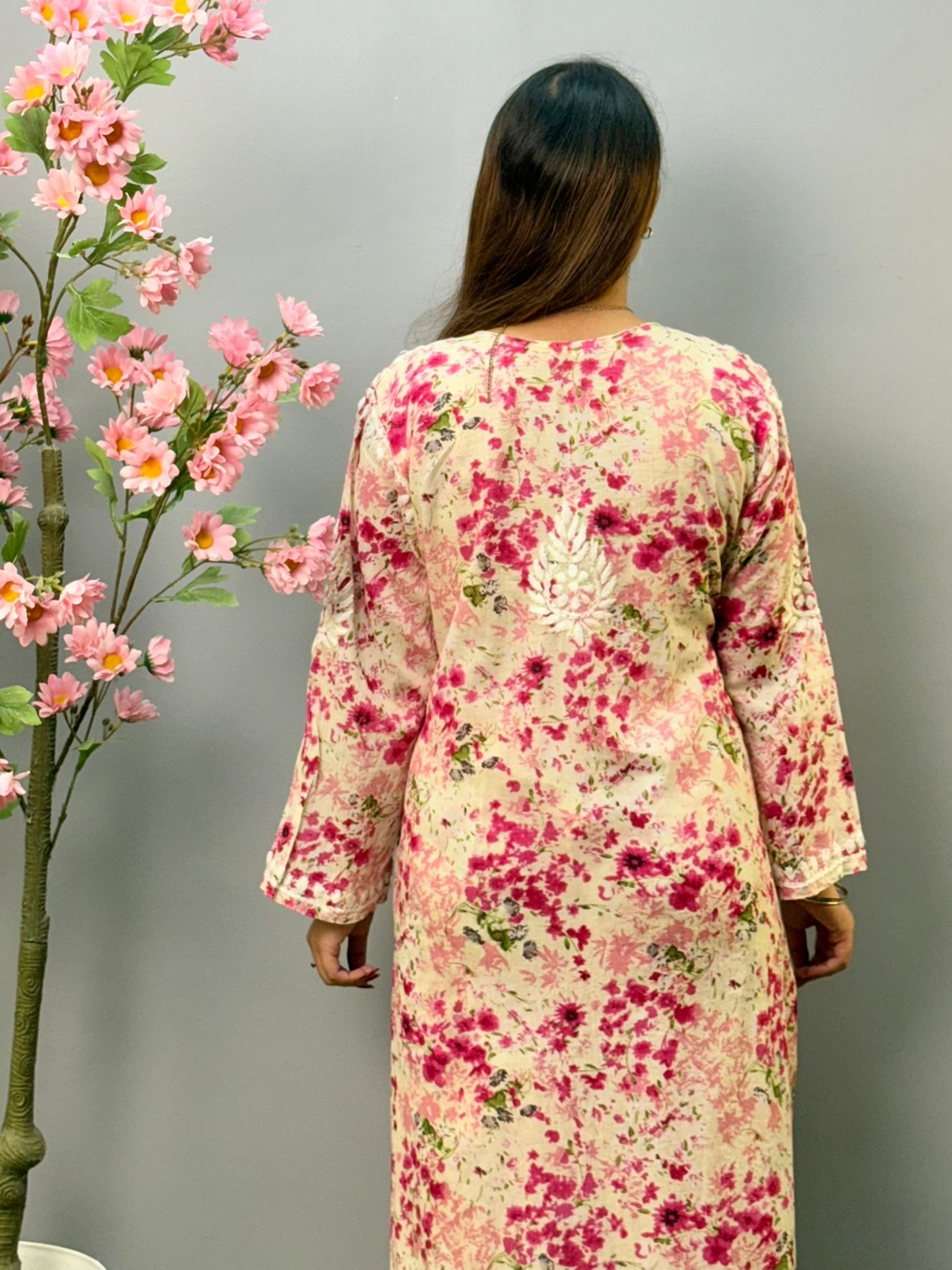 Pink floral printed Chikankari kurta and palazzo set in mulmul cotton with hand embroidery – ethnic women’s wear