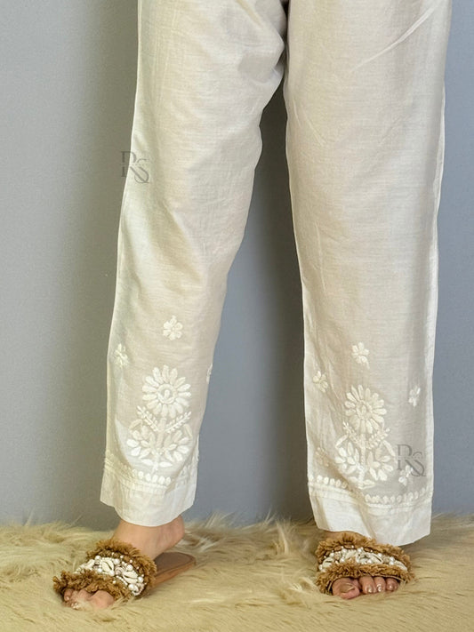 White chanderi chikankari bottom with floral embroidery and side pocket