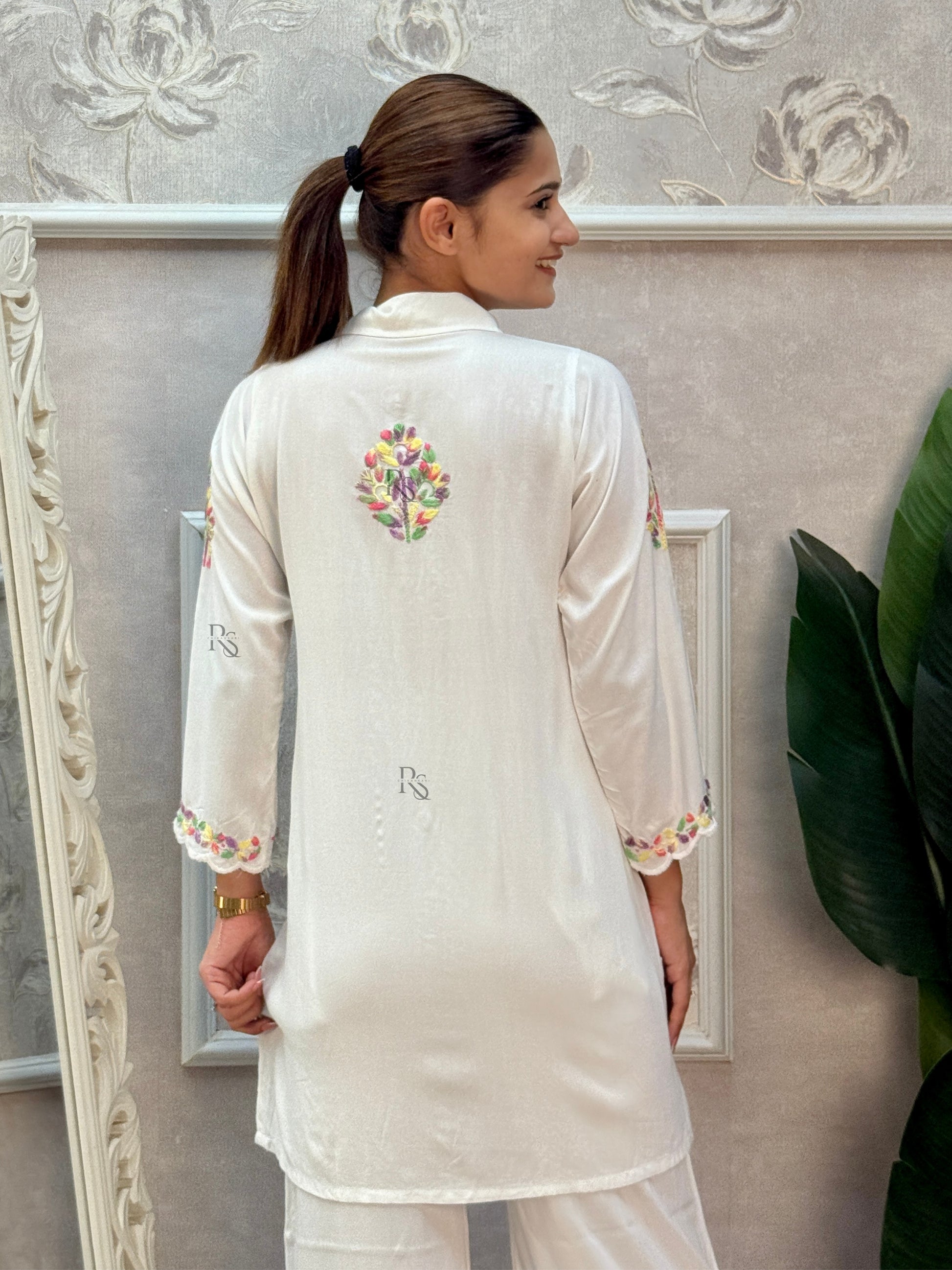 White rayon Lucknow Chikankari kurta and palazzo set with multi-color thread hand embroidery